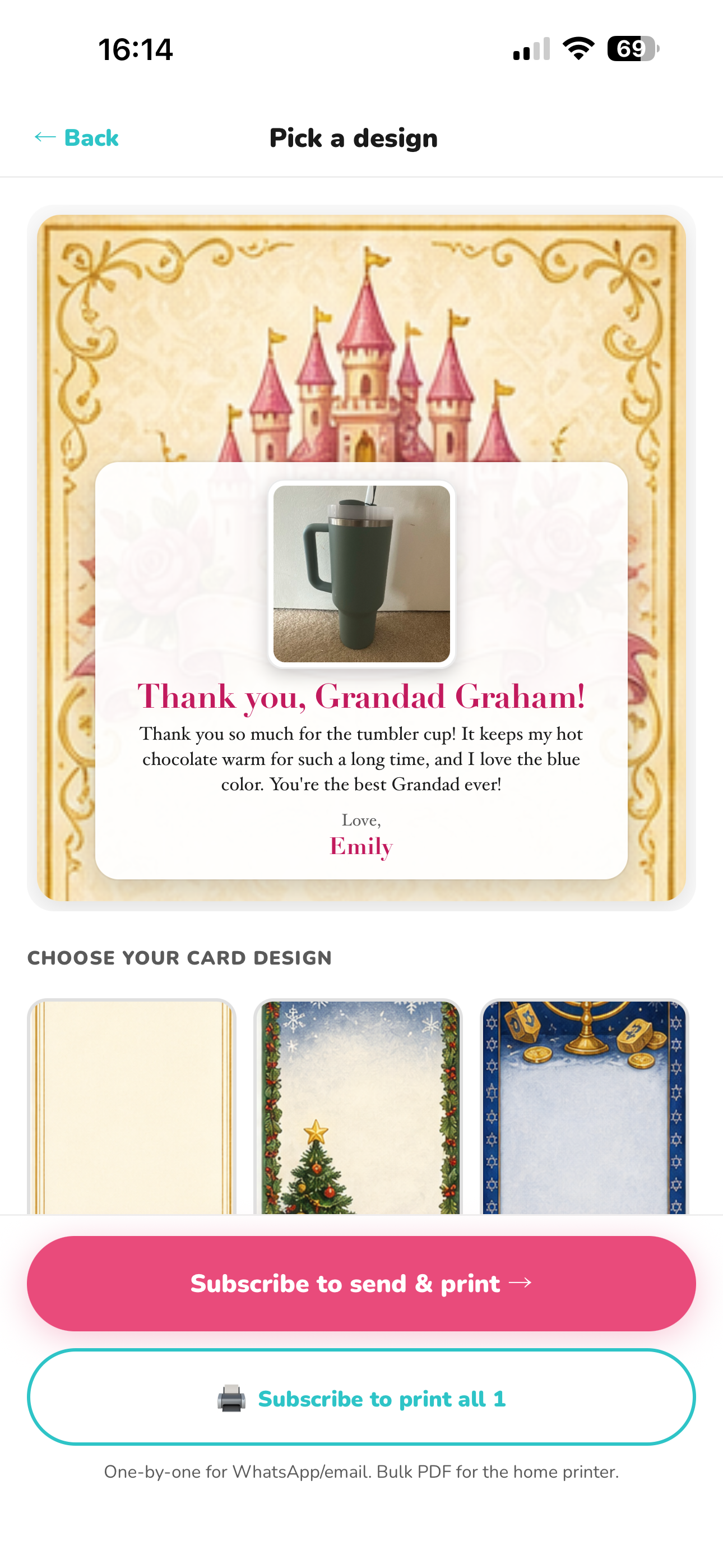 GiftSnap app — Pick a design screen showing a princess castle thank-you card for Grandad Graham